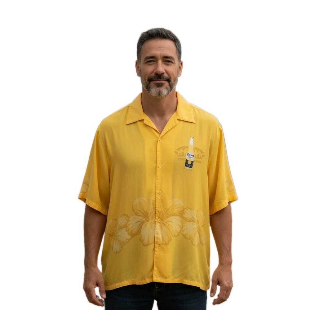 Corona Extra Cerveza Beer Hawaiian Aloha Yellow Camp Shirt Vacation Cruise BBQ